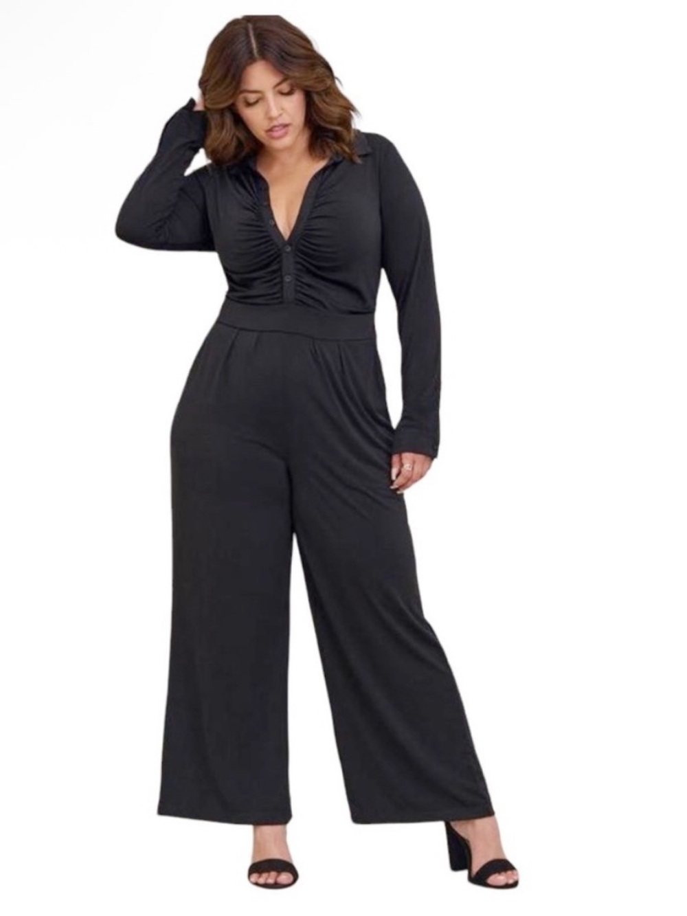 Torrid Black Studio Knit Long Sleeve Button Up Wide Leg Jumpsuit Size 3X